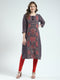 Women Navy Blue Printed Round Neck 3/4th Sleeve Kurti