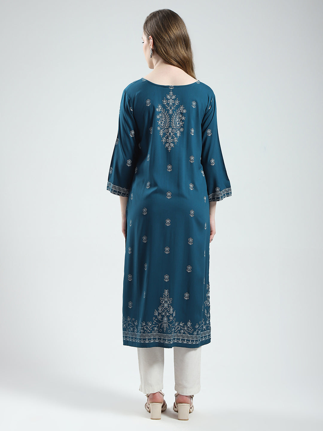 Women Teal Blue Printed Round Neck 3/4th Sleeve Kurti