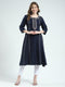Women Navy Blue Embroidered Round Neck 3/4th Sleeve Kurti