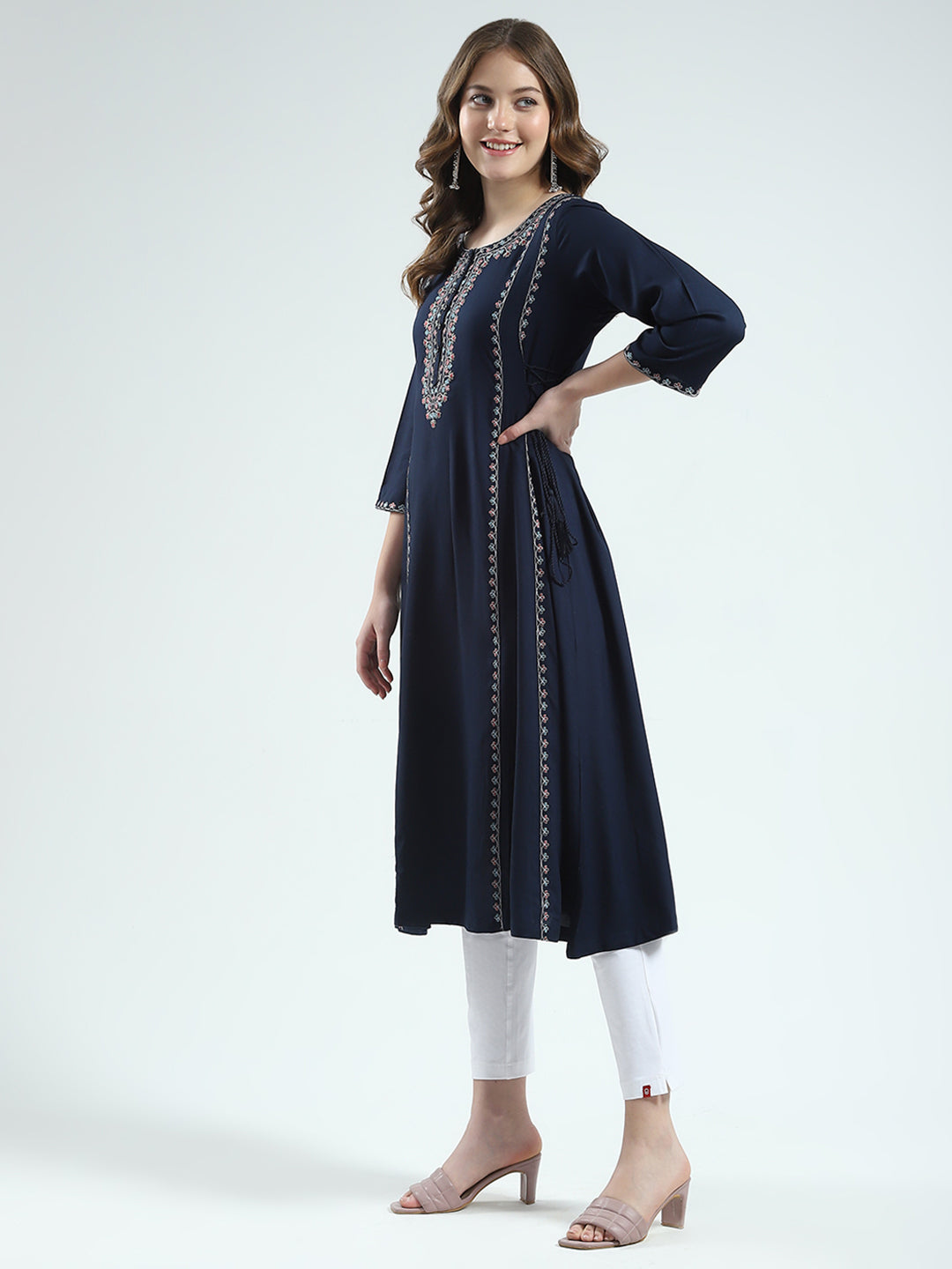 Women Navy Blue Embroidered Round Neck 3/4th Sleeve Kurti