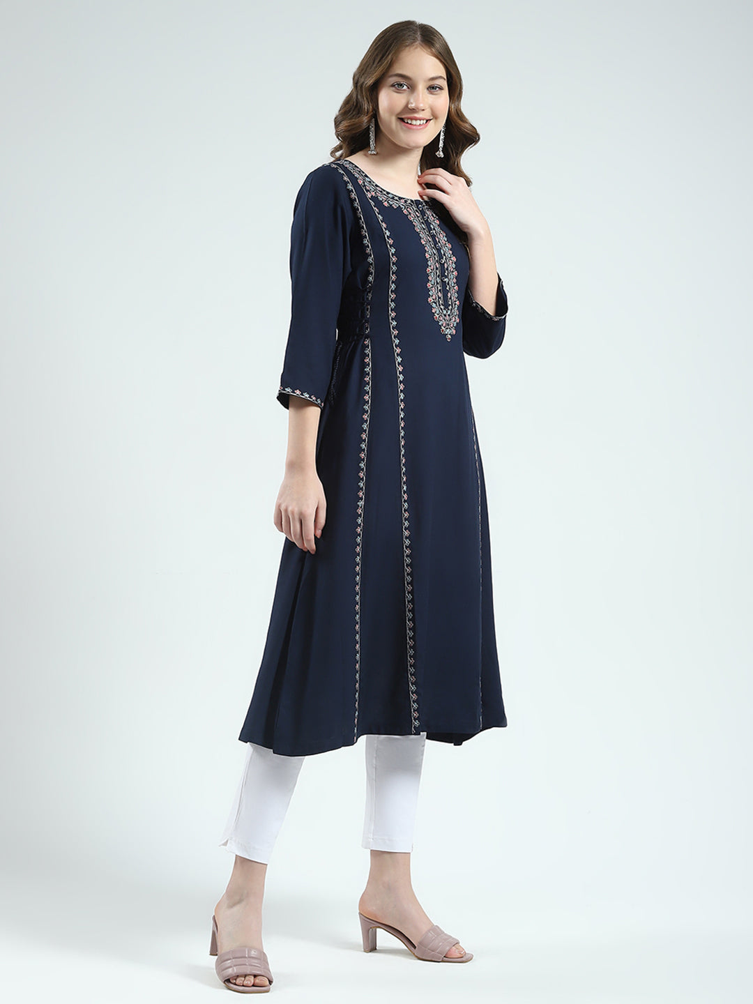 Women Navy Blue Embroidered Round Neck 3/4th Sleeve Kurti
