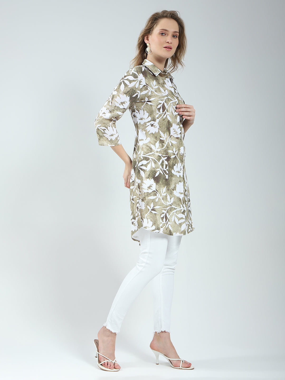 Women Green Printed Collar 3/4th Sleeve Tunic