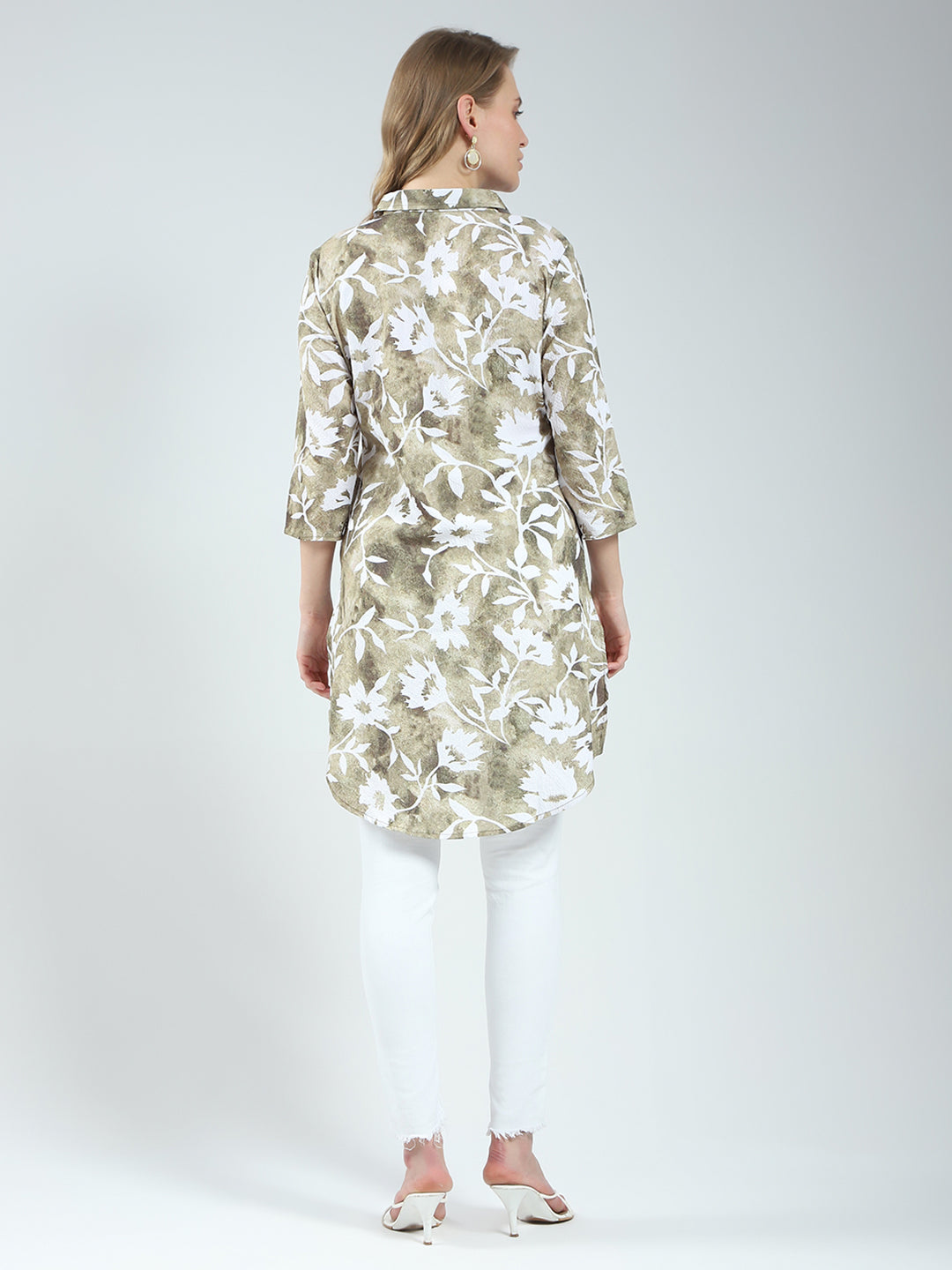 Women Green Printed Collar 3/4th Sleeve Tunic