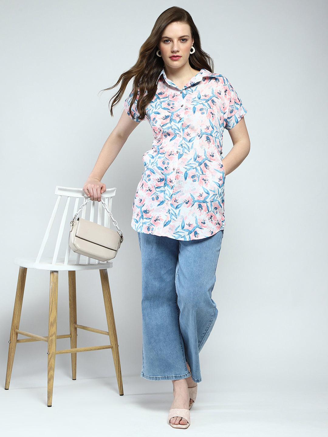 Women White Printed Collar Half Sleeve Tunic