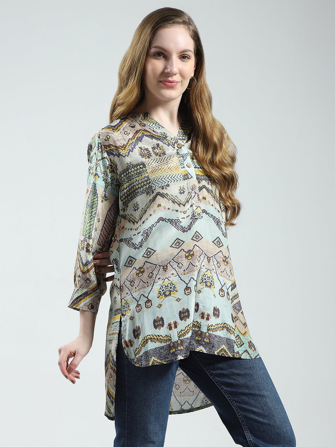 Women Multicolor Printed Band Collar 3/4th Sleeve Tunic