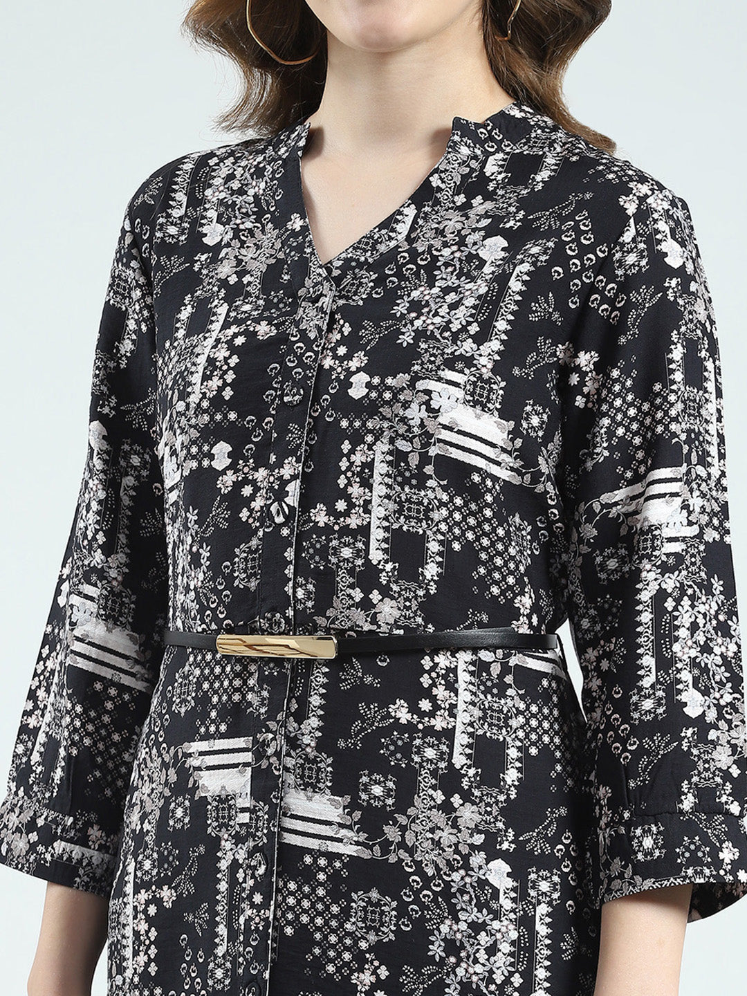 Women Black Printed Round Neck 3/4th Sleeve Tunic