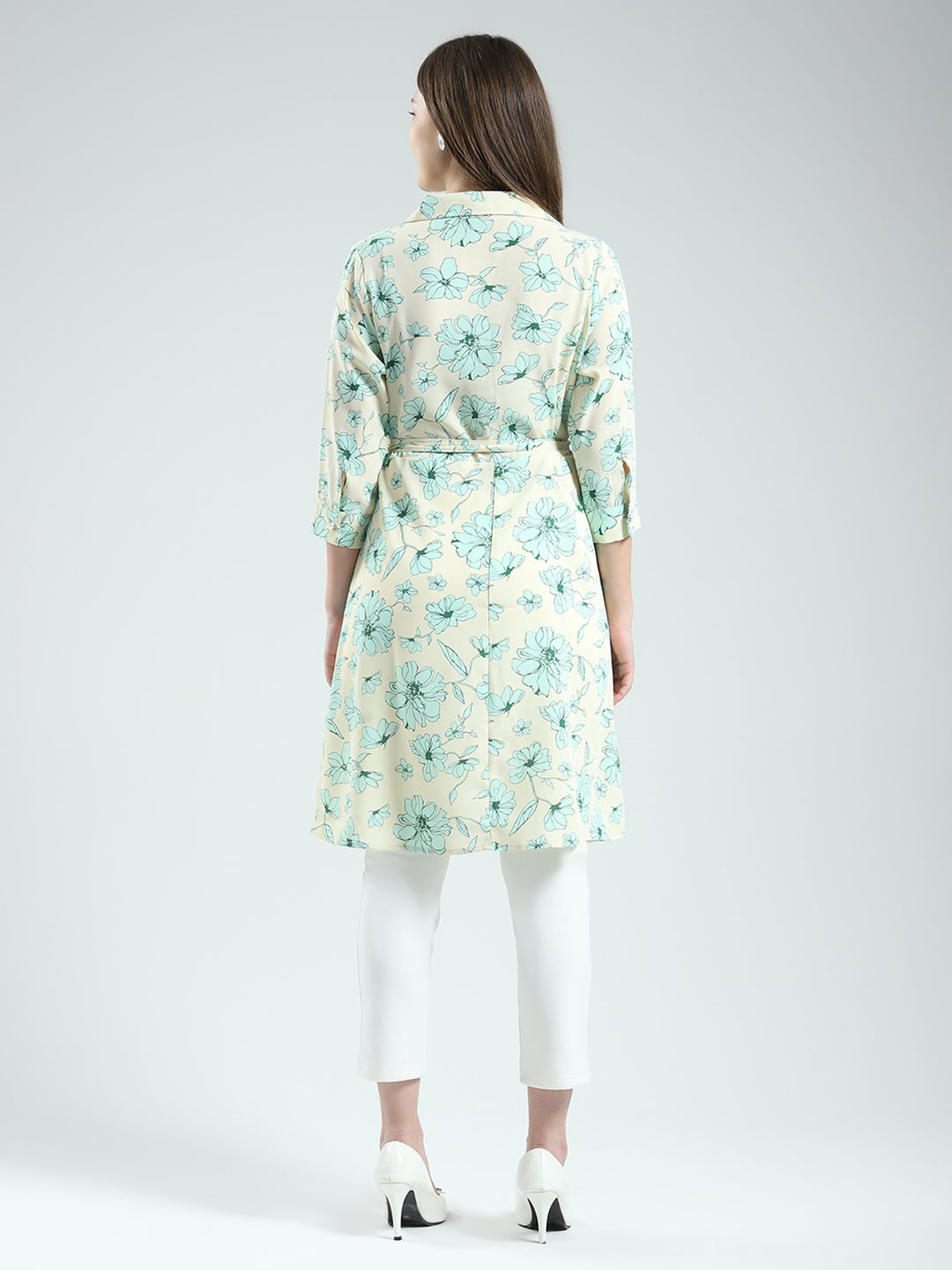 Women Beige Printed Collar 3/4th Sleeve Tunic