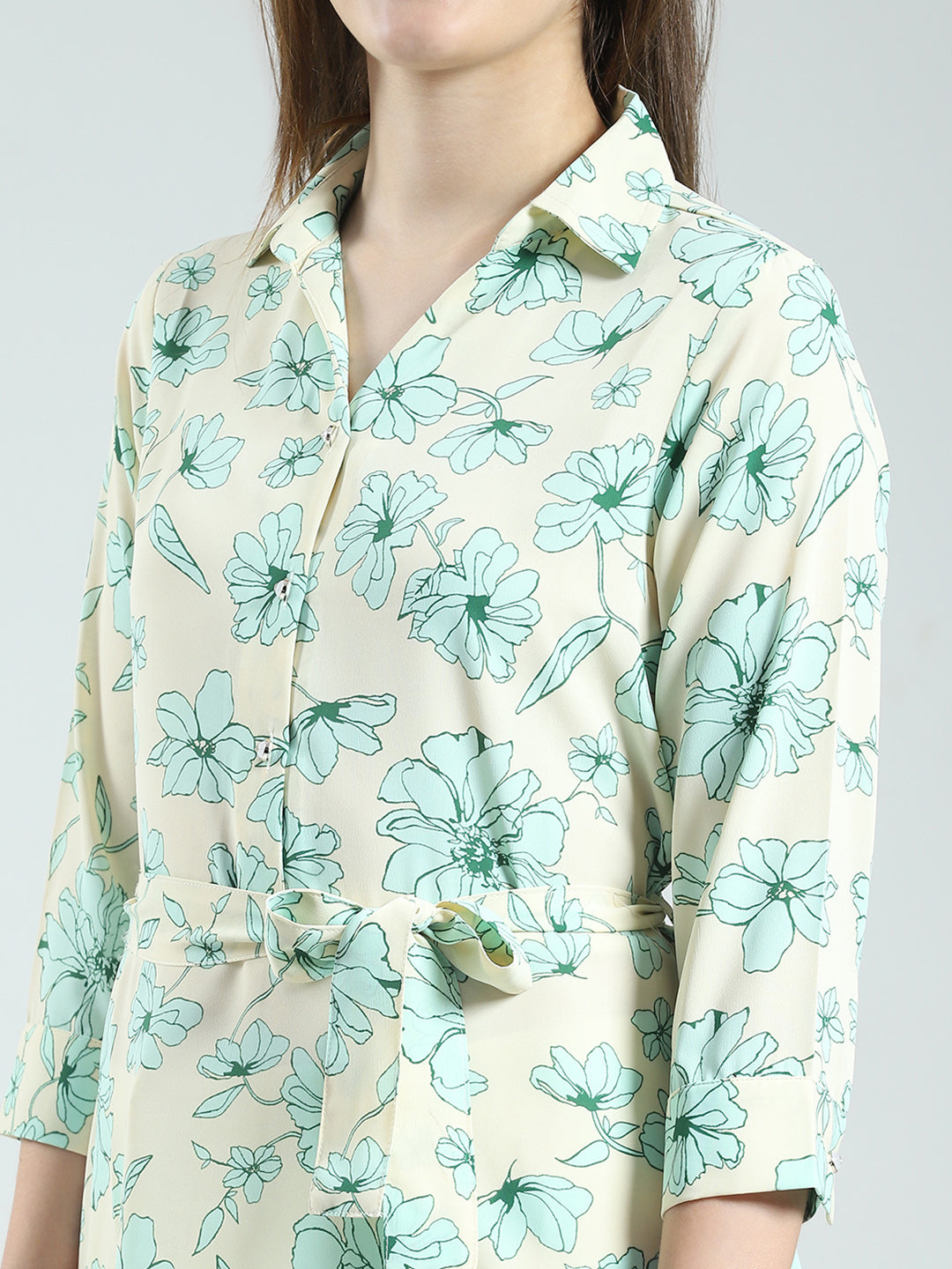 Women Beige Printed Collar 3/4th Sleeve Tunic