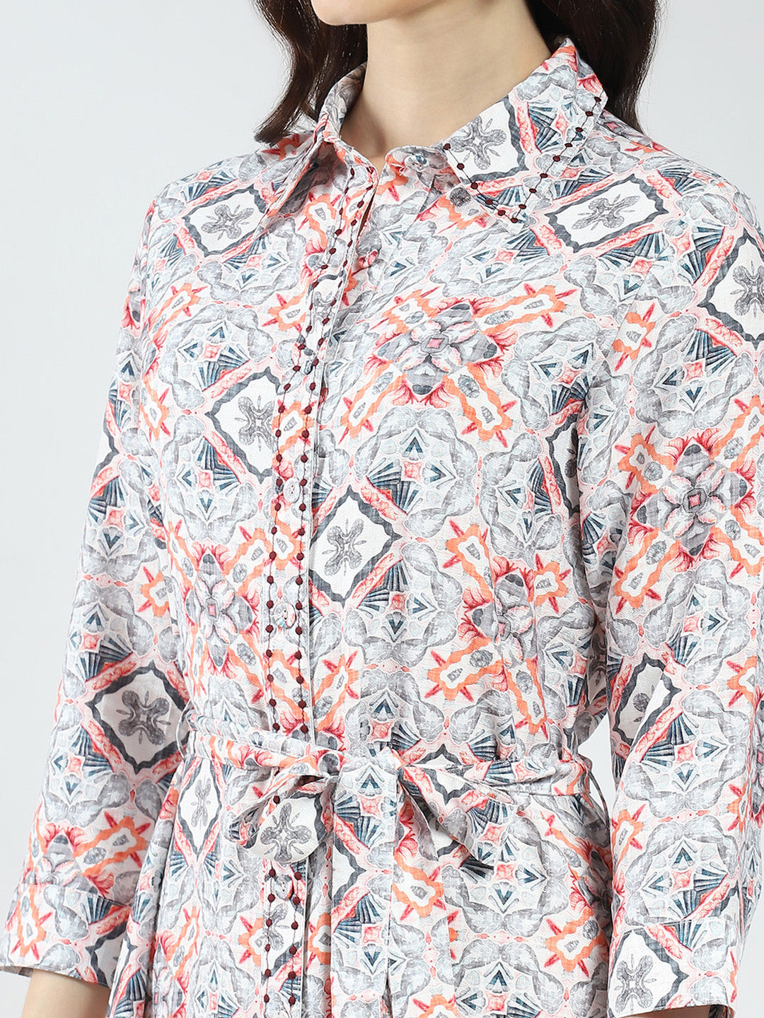 Women Grey Printed Collar 3/4th Sleeve Tunic