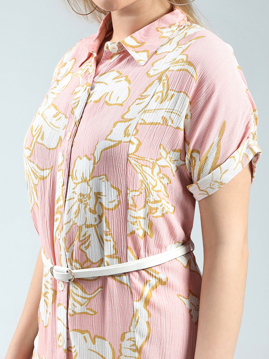 Women Pink Printed Collar Half Sleeve Tunic