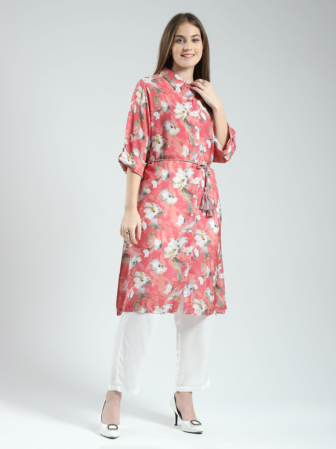 Women Coral Printed Collar 3/4th Sleeve Tunic