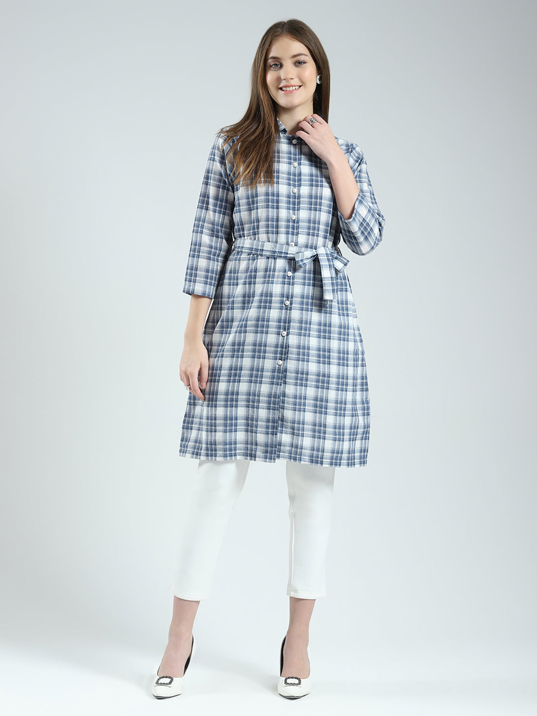 Women Blue Check Collar 3/4th Sleeve Tunic