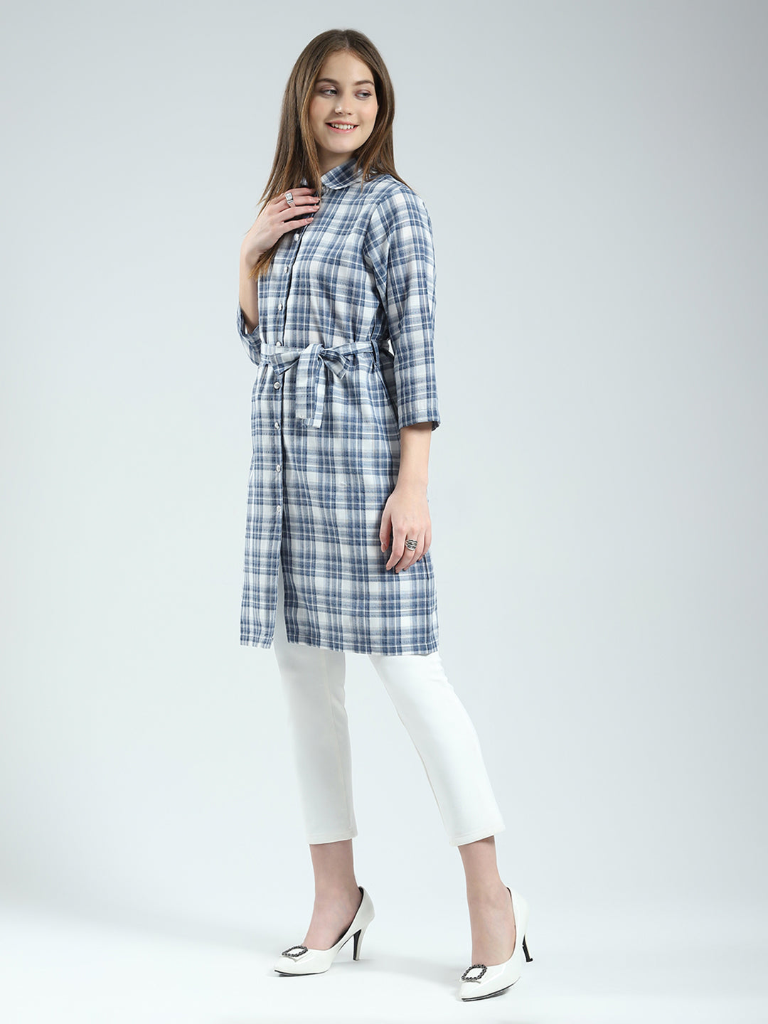 Women Blue Check Collar 3/4th Sleeve Tunic