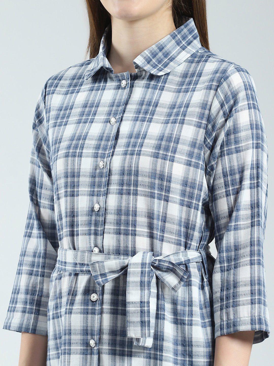Women Blue Check Collar 3/4th Sleeve Tunic