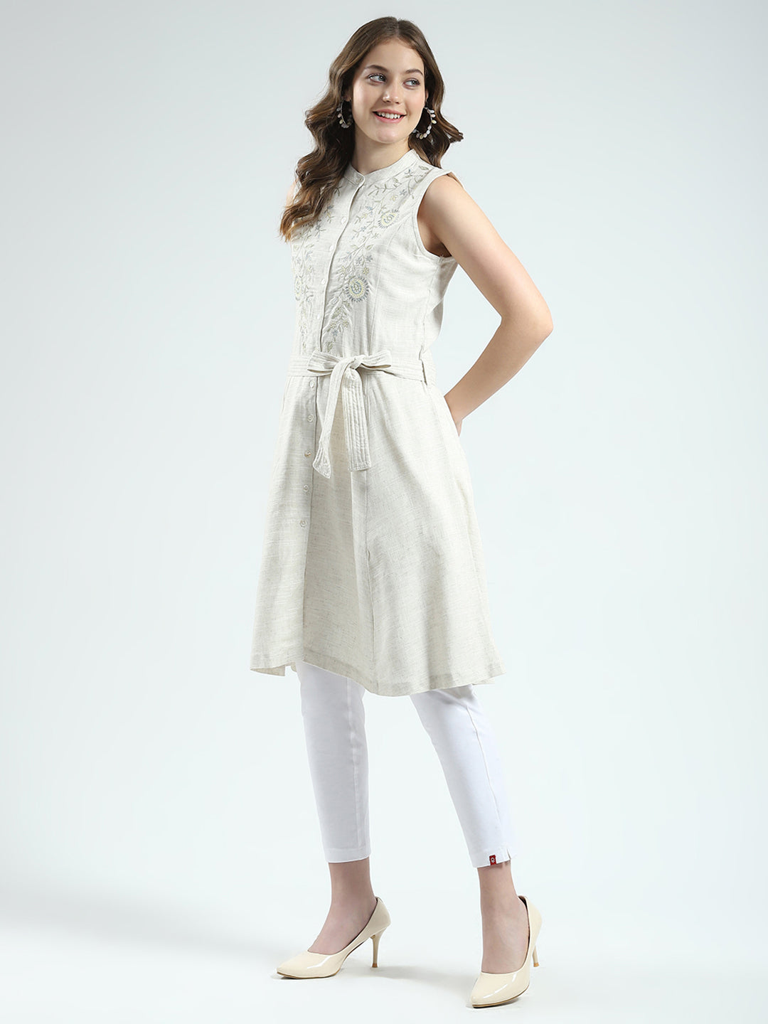 Women Beige Embroidered Round Neck Sleeveless Tunic