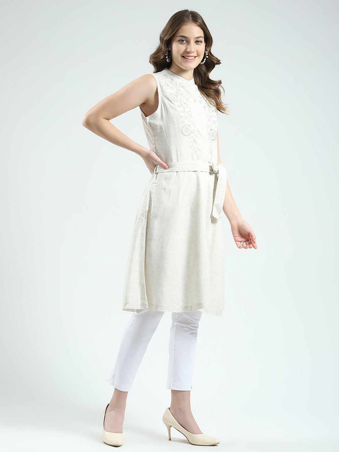 Women Beige Embroidered Round Neck Sleeveless Tunic