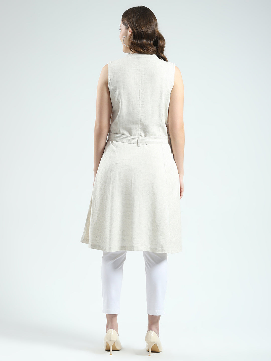 Women Beige Embroidered Round Neck Sleeveless Tunic