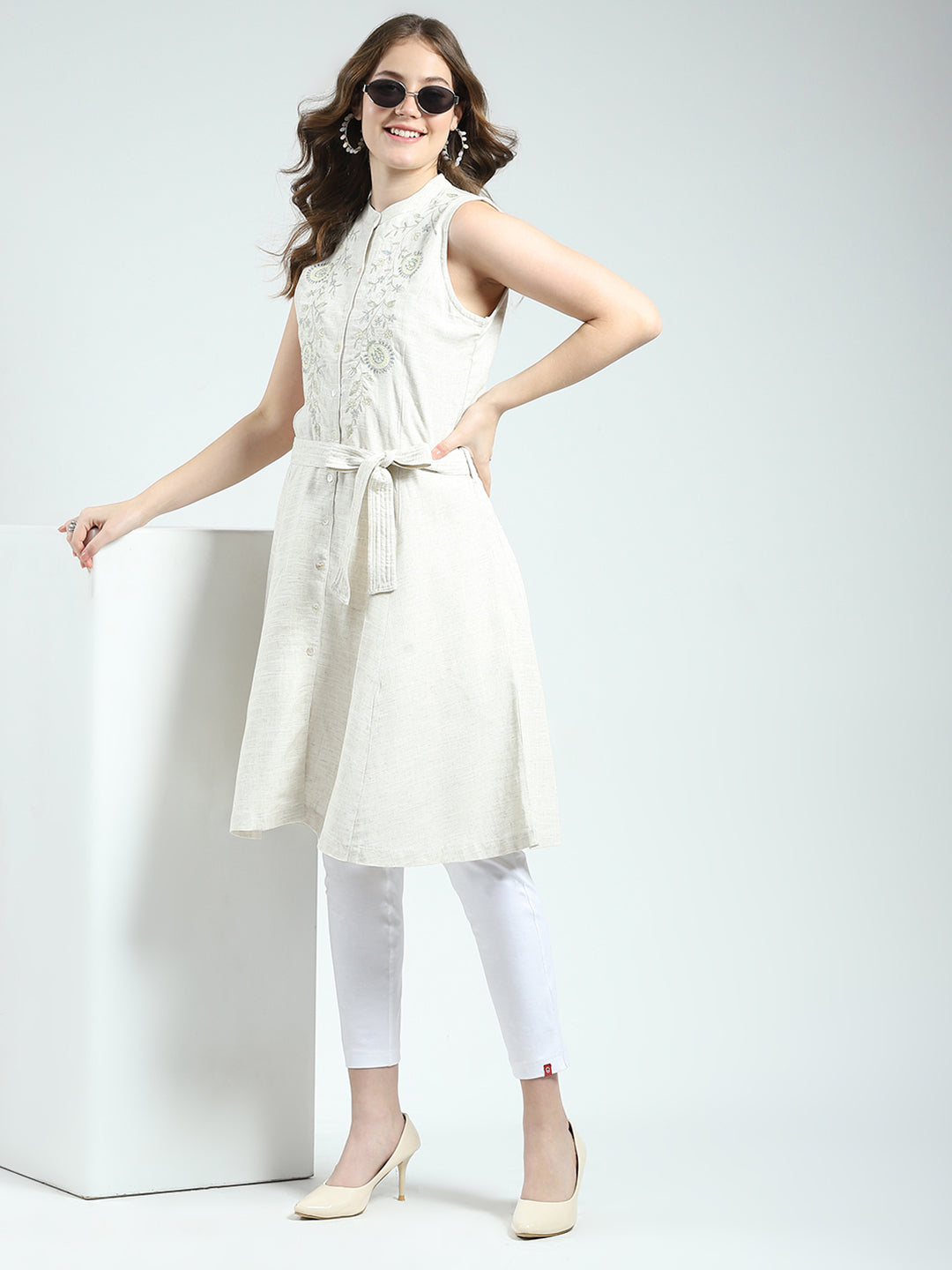 Women Beige Embroidered Round Neck Sleeveless Tunic