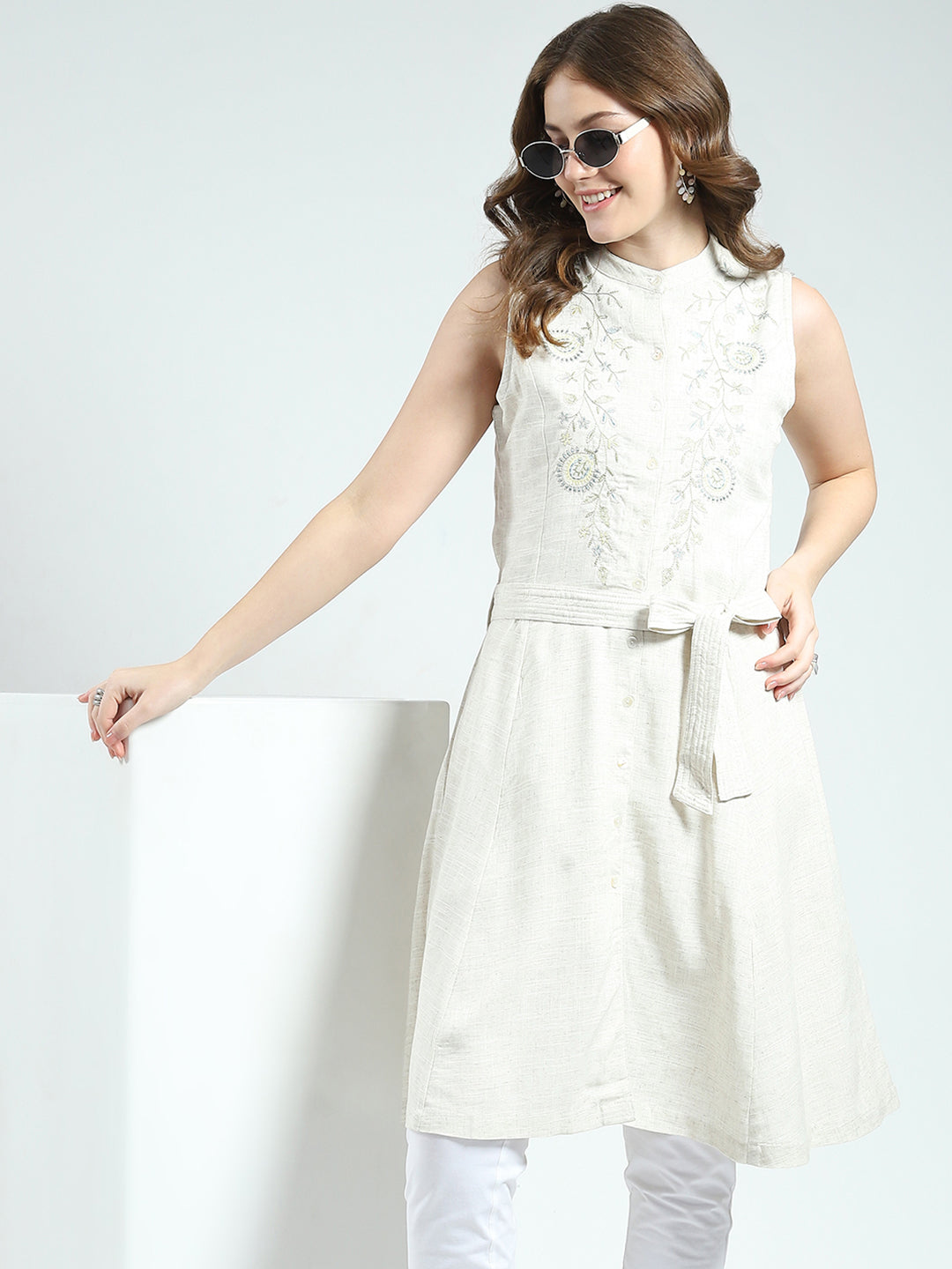 Women Beige Embroidered Round Neck Sleeveless Tunic