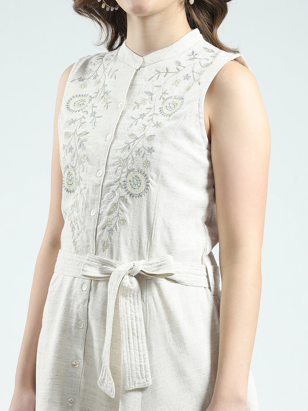Women Beige Embroidered Round Neck Sleeveless Tunic