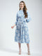 Women Blue Printed Band Collar 3/4th Sleeve Dress