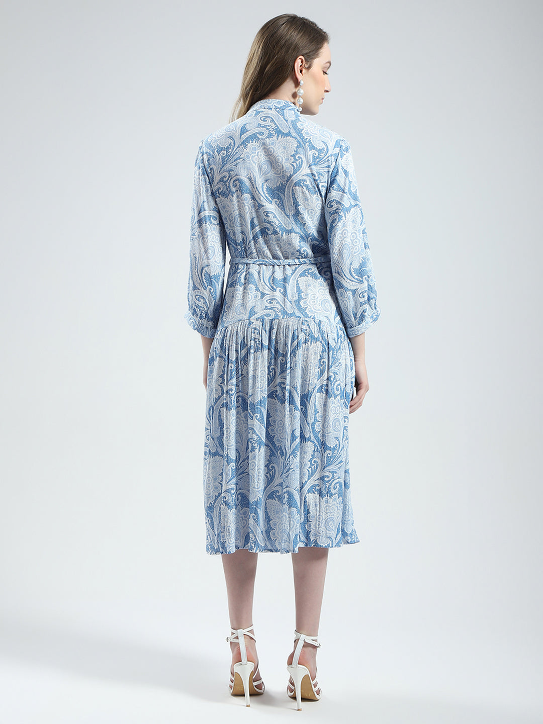 Women Blue Printed Band Collar 3/4th Sleeve Dress