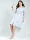 Women White Printed Round Neck 3/4th Sleeve Dress