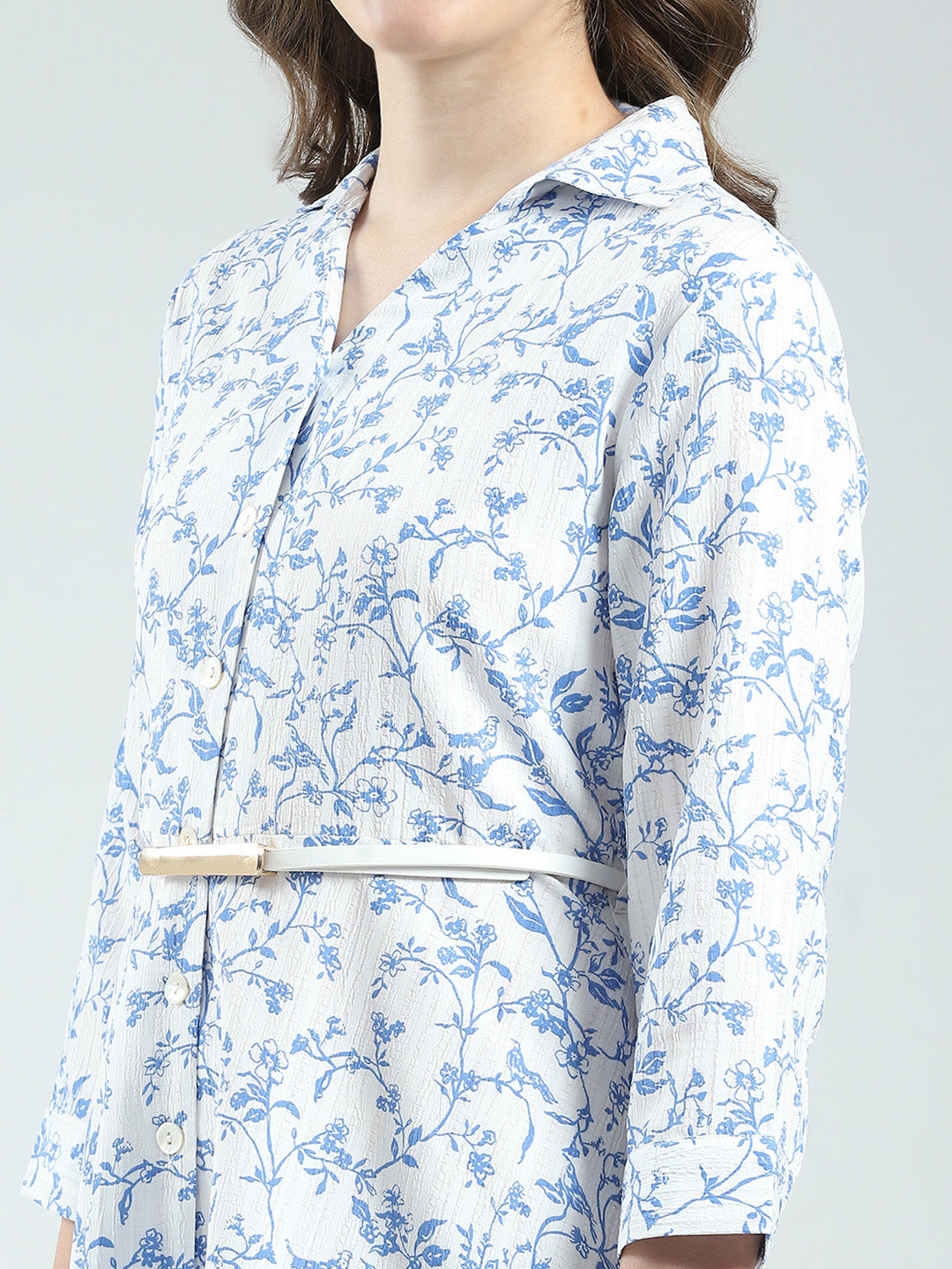 Women White Printed Round Neck 3/4th Sleeve Dress