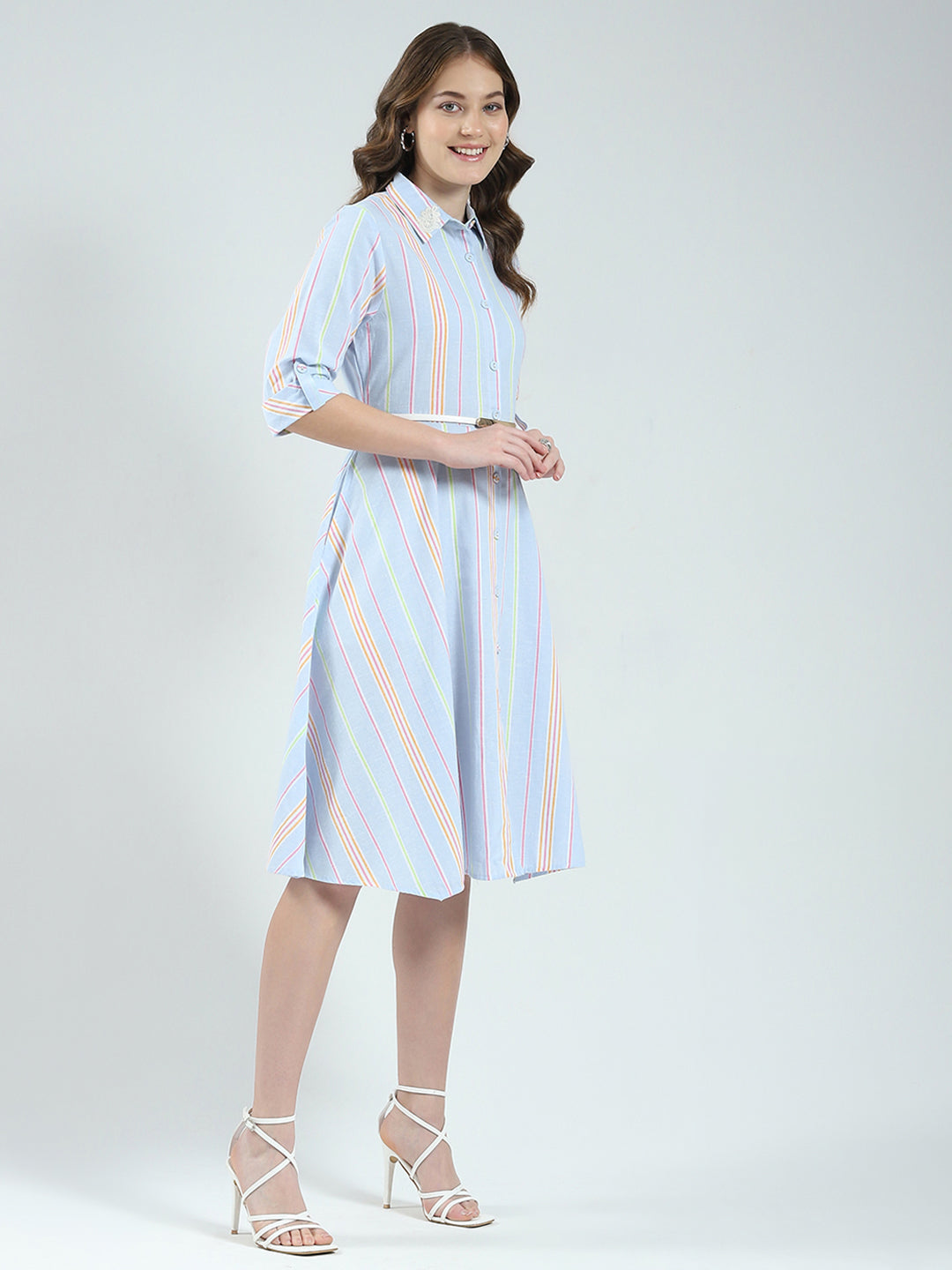 Women Blue Stripe Round Neck 3/4th Sleeve Dress