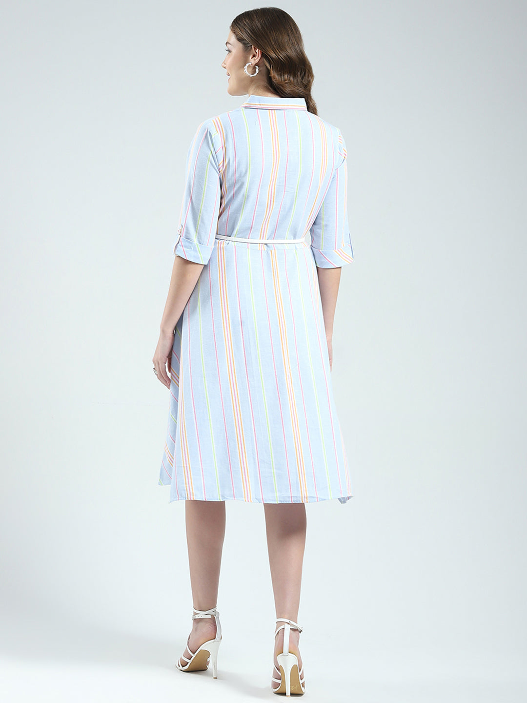 Women Blue Stripe Round Neck 3/4th Sleeve Dress