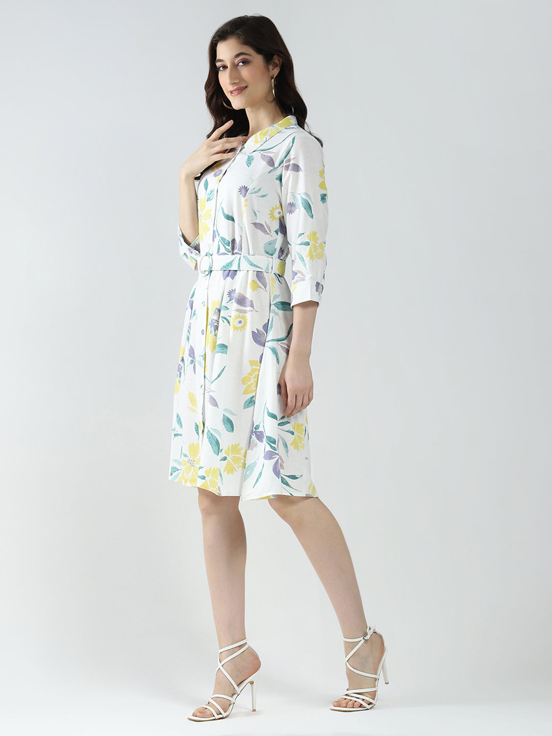 Women Off White Printed Collar 3/4th Sleeve Dress