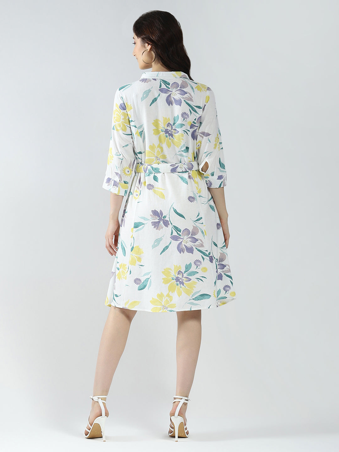 Women Off White Printed Collar 3/4th Sleeve Dress