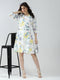 Women Off White Printed Collar 3/4th Sleeve Dress