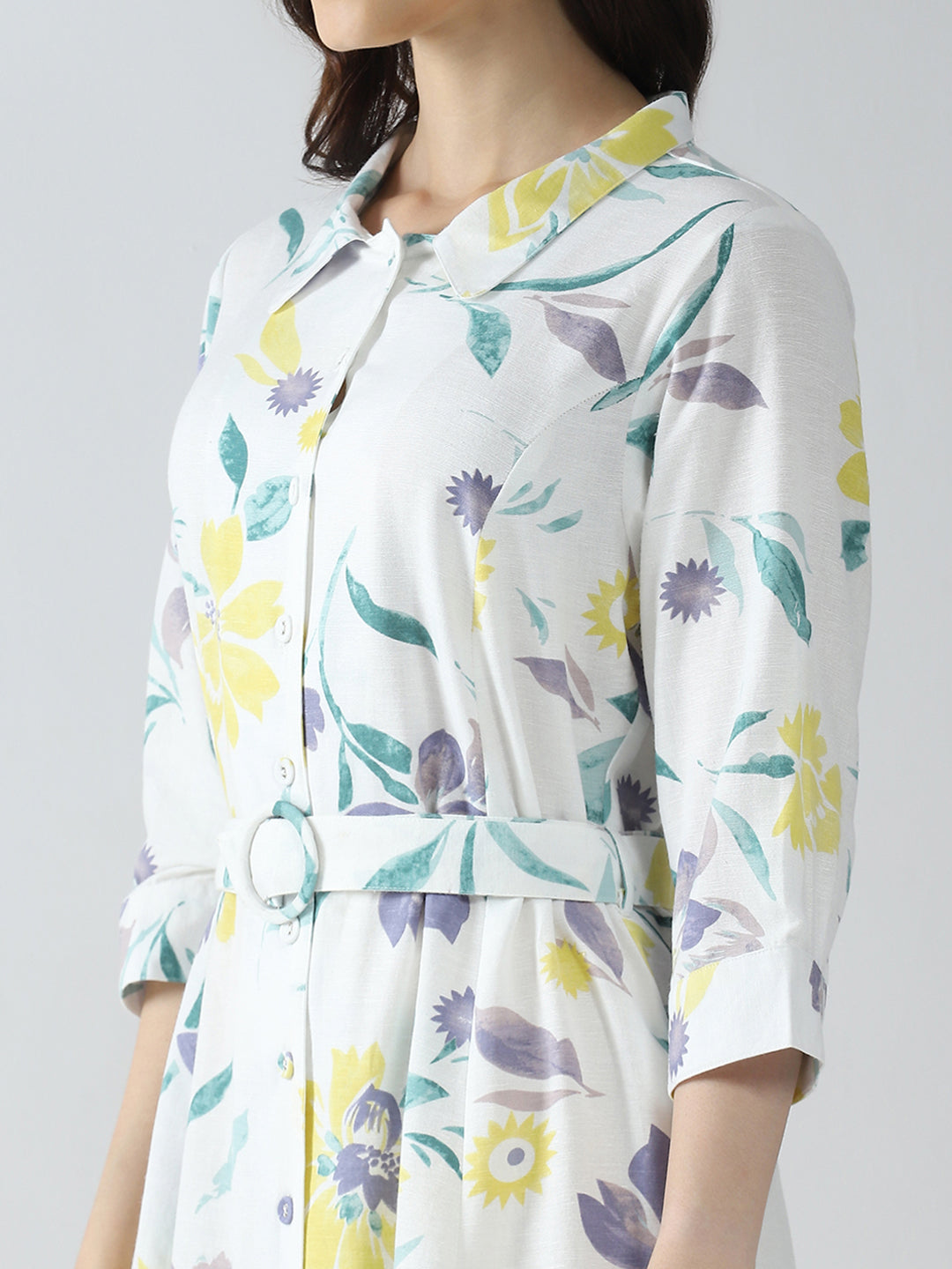 Women Off White Printed Collar 3/4th Sleeve Dress