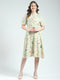 Women Beige Printed Band Neck Half Sleeve Dress