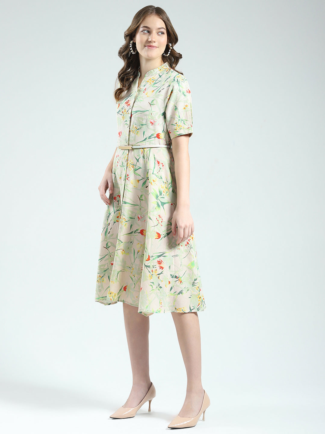 Women Beige Printed Band Neck Half Sleeve Dress
