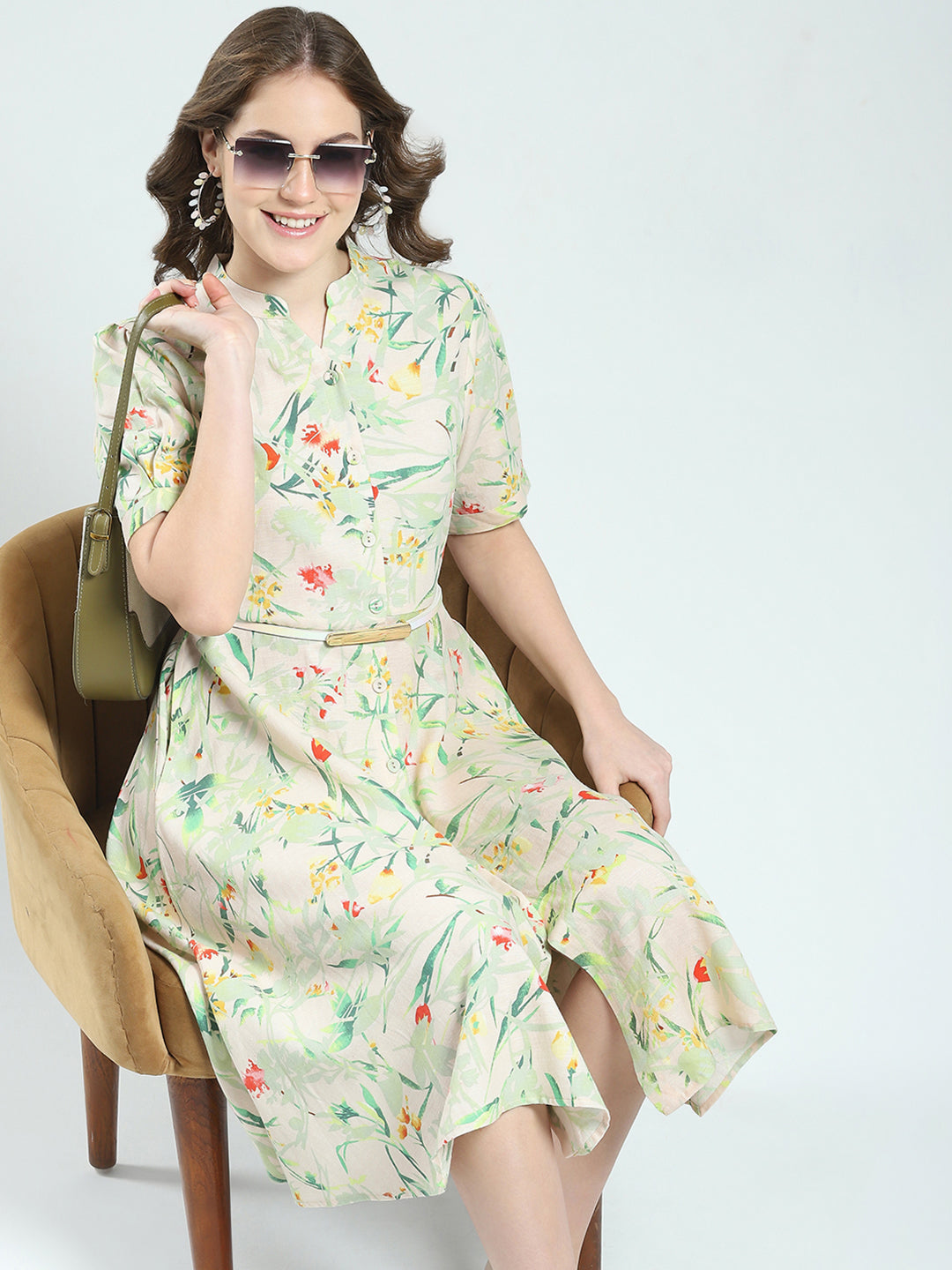 Women Beige Printed Band Neck Half Sleeve Dress