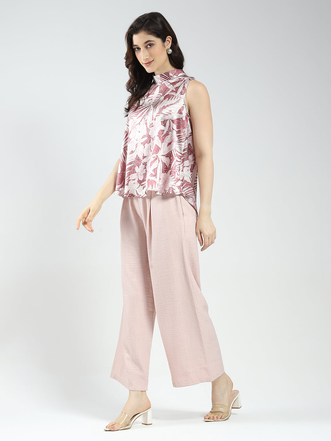 Women Pink Printed Band Neck Sleeveless Cords Set