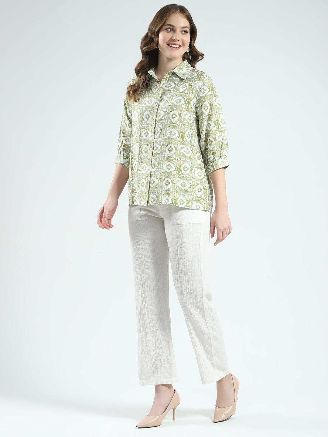 Women Green Printed Collar 3/4th Sleeve Cords Set