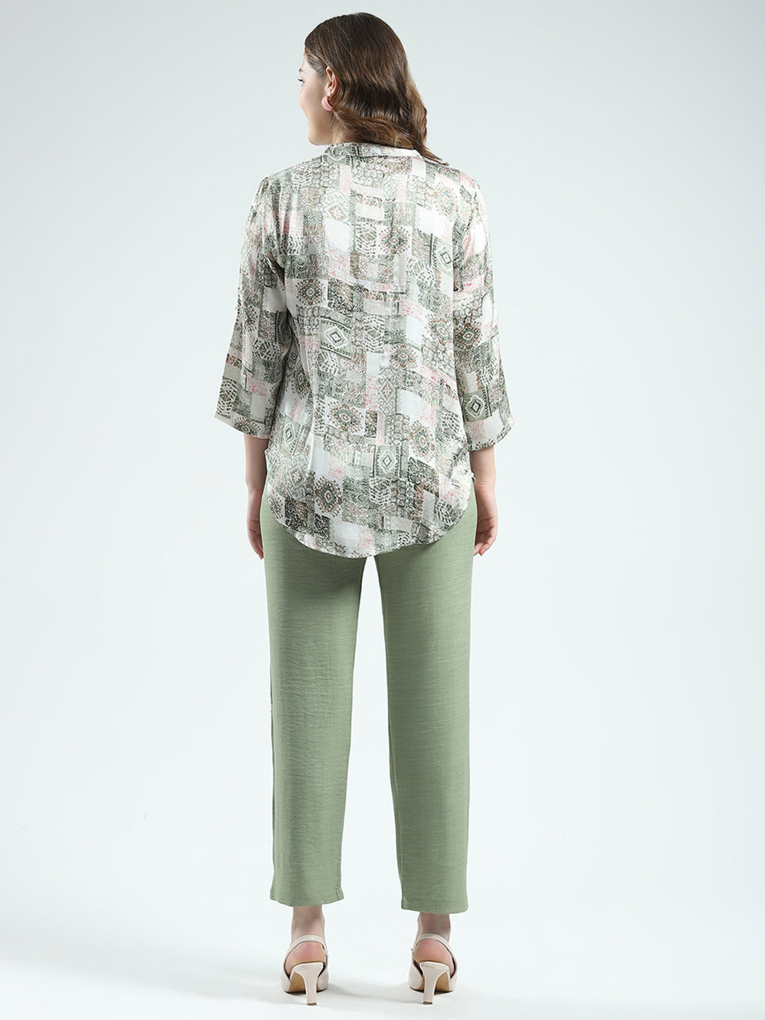 Women Green Printed Round Neck 3/4th Sleeve Cords Set