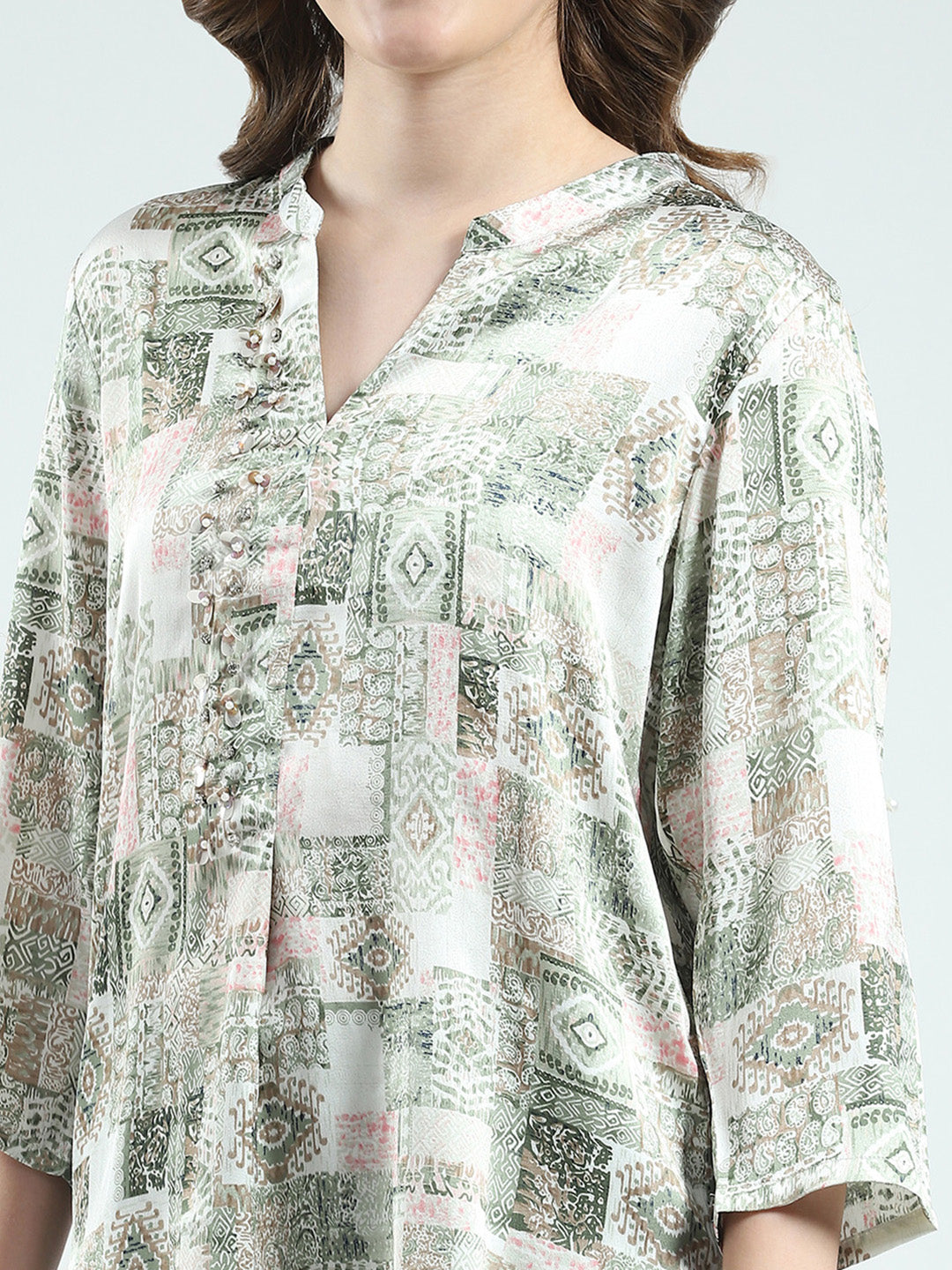 Women Green Printed Round Neck 3/4th Sleeve Cords Set