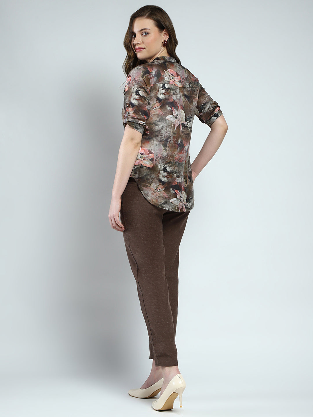 Women Brown Printed Round Neck 3/4th Sleeve Cords Set