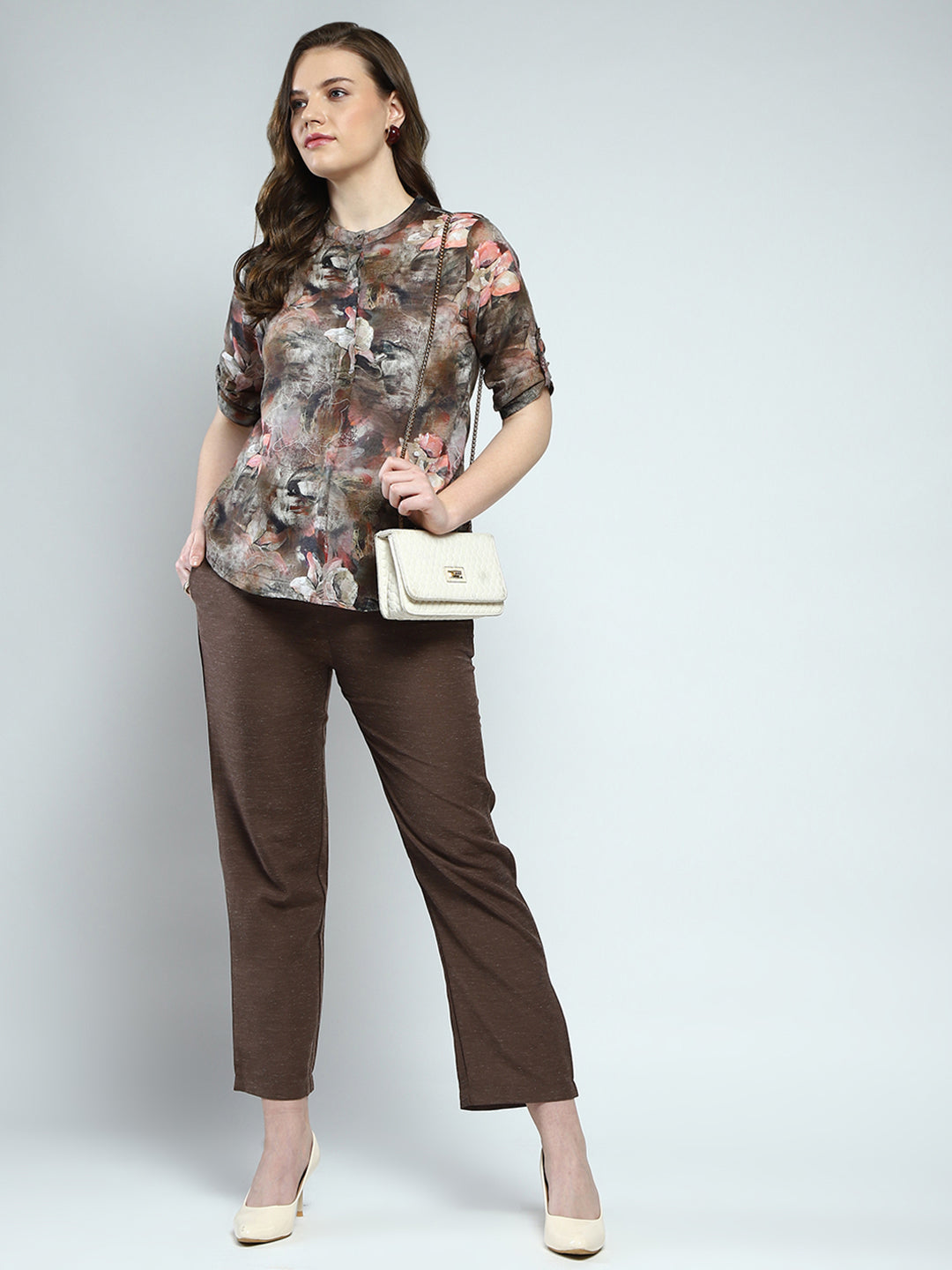 Women Brown Printed Round Neck 3/4th Sleeve Cords Set