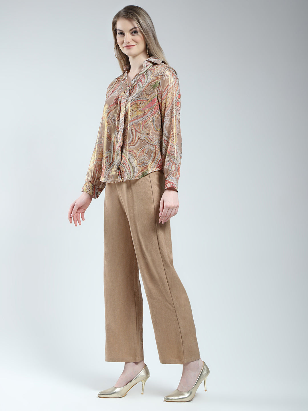 Women Brown Printed Collar Full Sleeve Cords Set