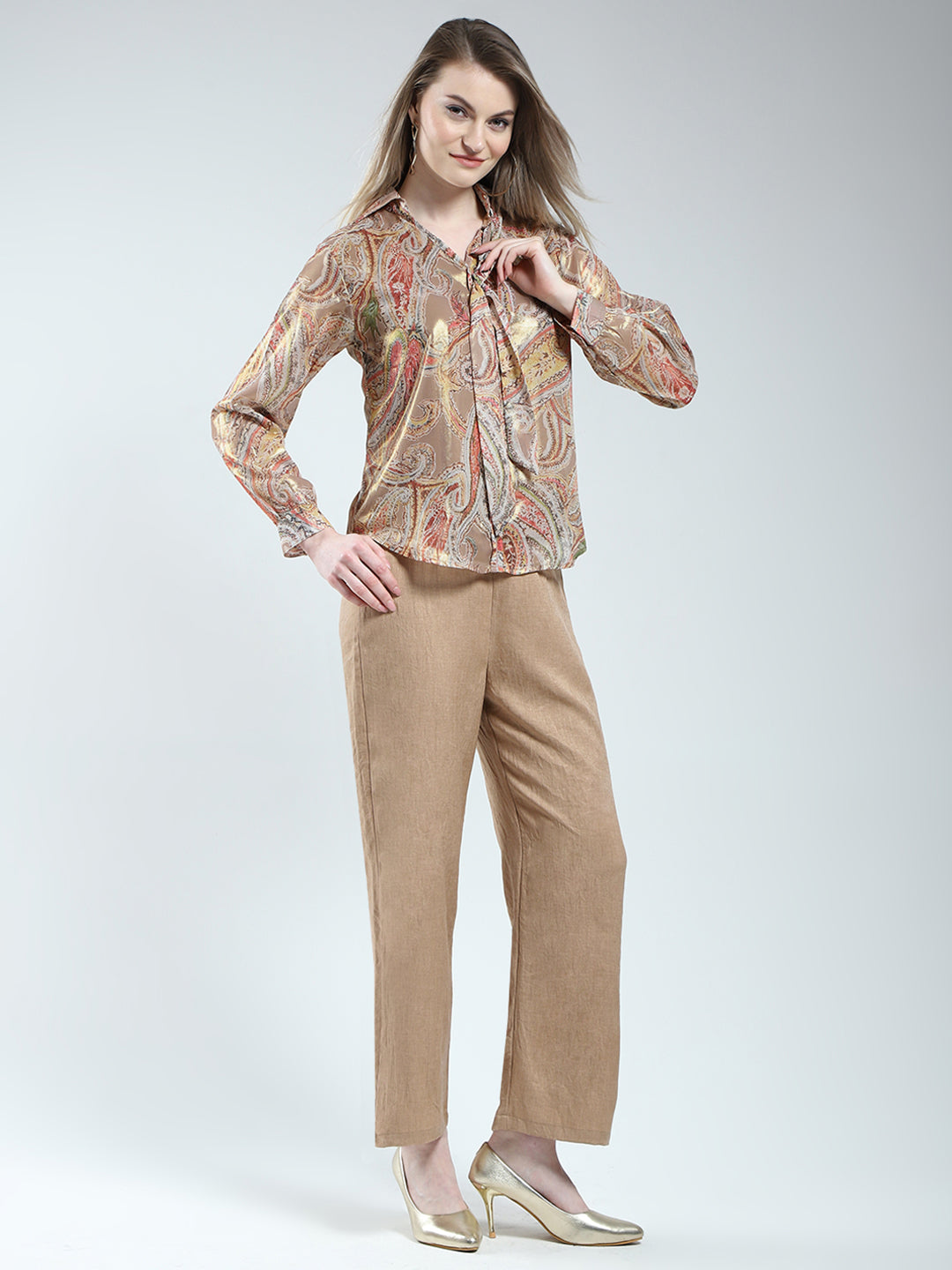 Women Brown Printed Collar Full Sleeve Cords Set