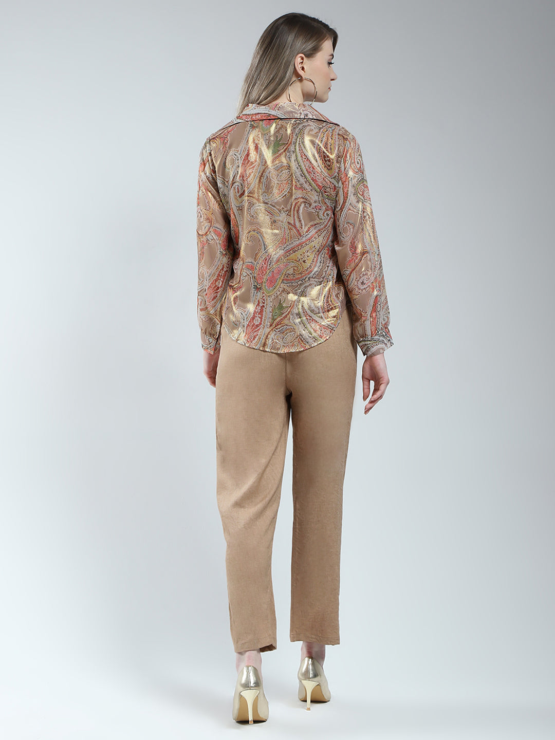 Women Brown Printed Collar Full Sleeve Cords Set