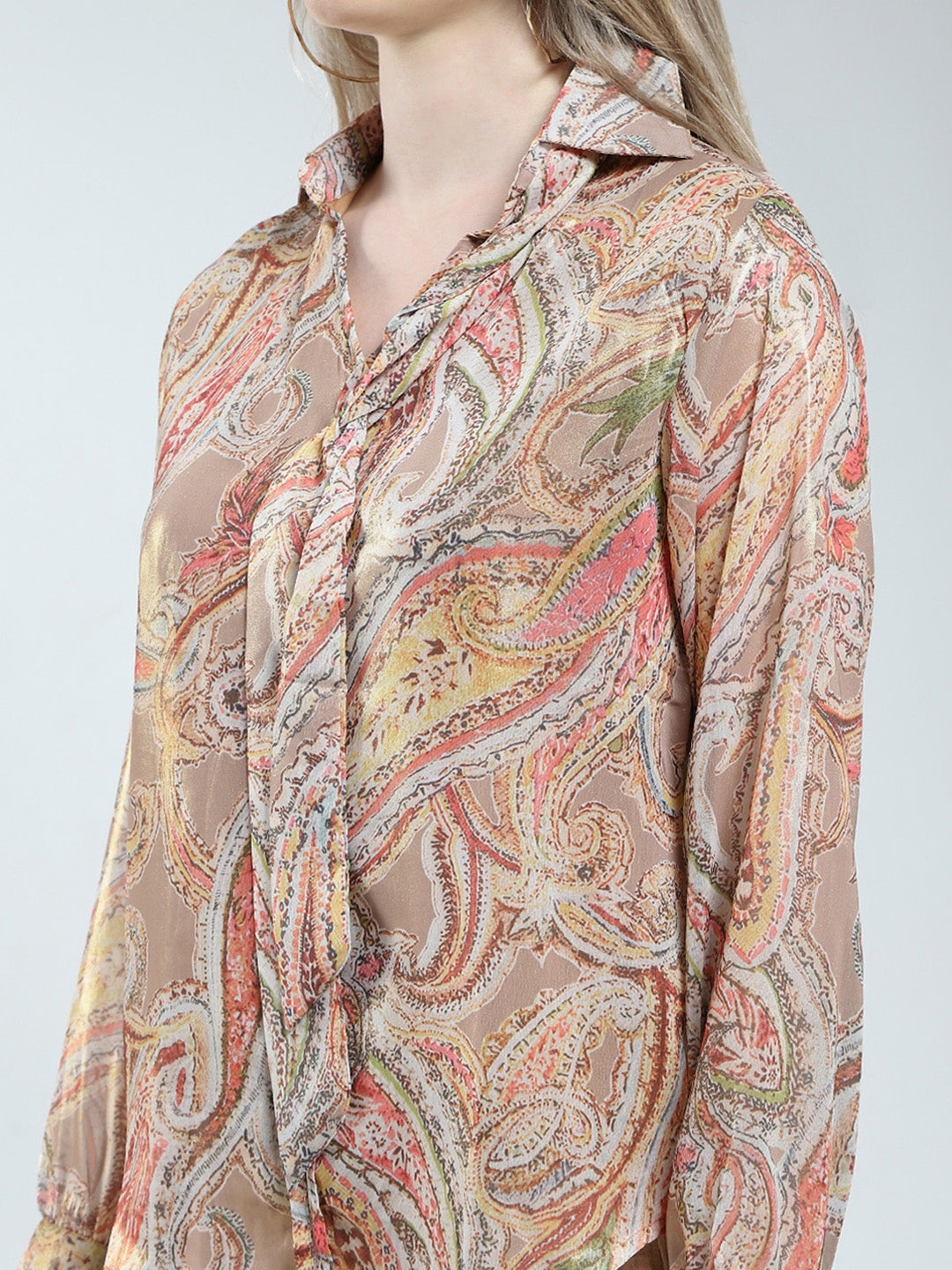 Women Brown Printed Collar Full Sleeve Cords Set