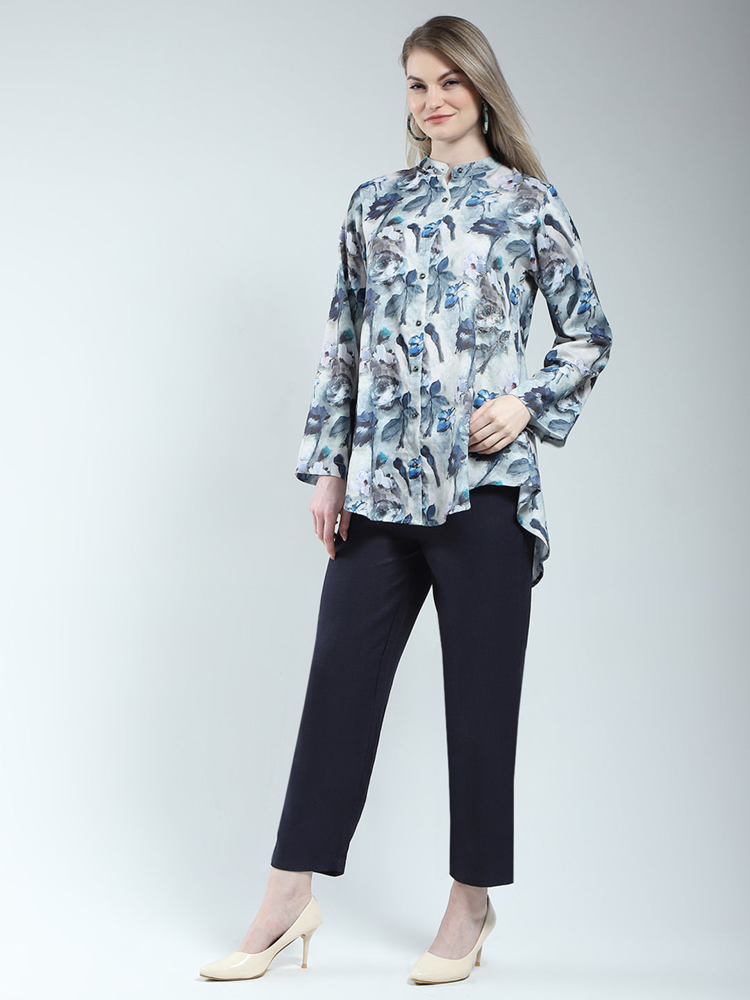 Women Blue Printed Band Neck Full Sleeve Cords Set