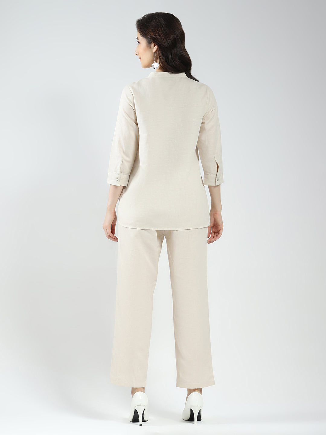 Women Beige Self Design Band Neck 3/4th Sleeve Cords Set