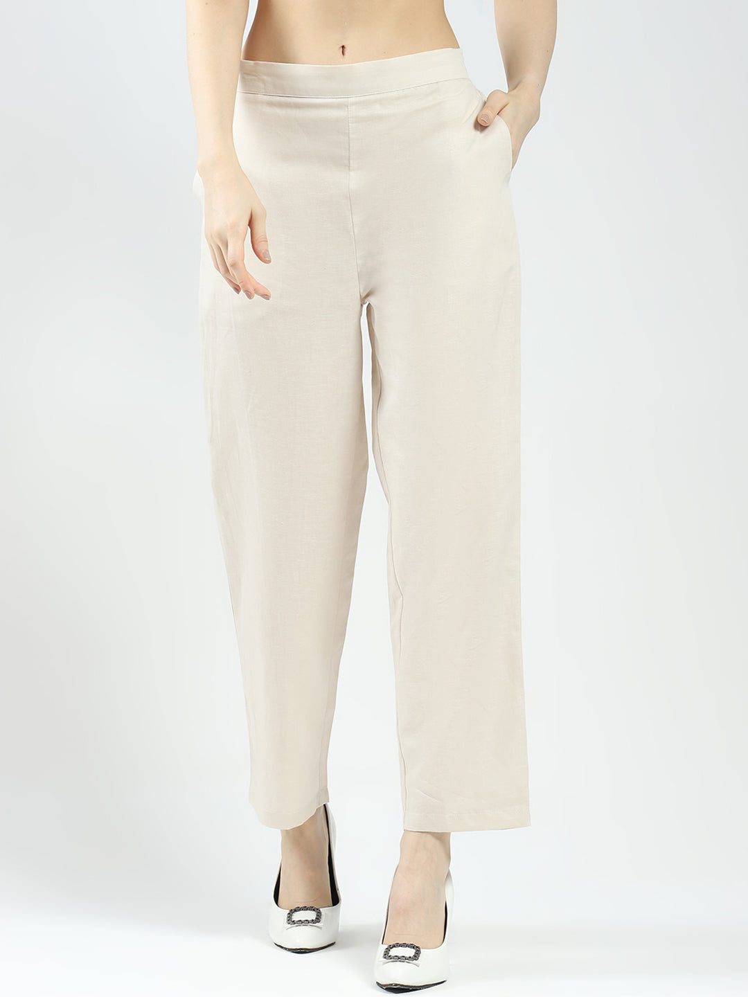 Women Beige Self Design Band Neck 3/4th Sleeve Cords Set